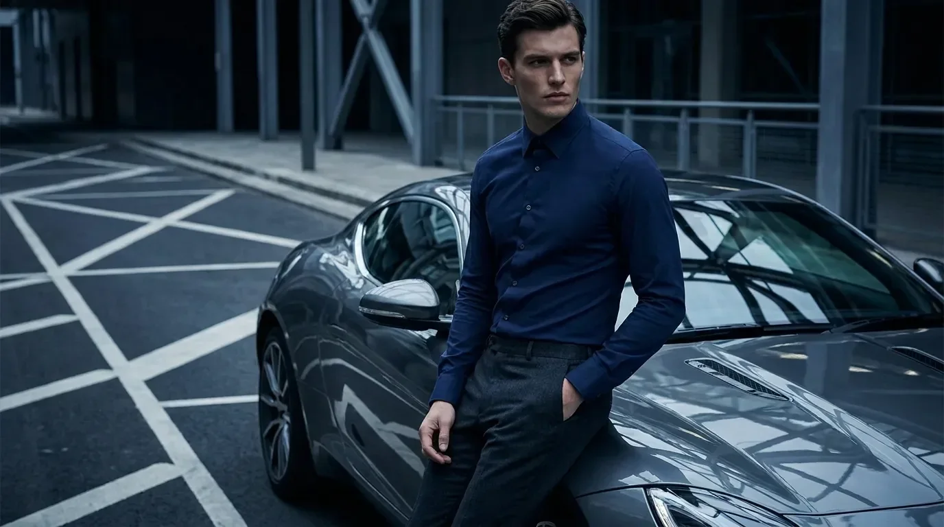 דוגמן בבגדי M.G cars Shirts ליד רכב יוקרה